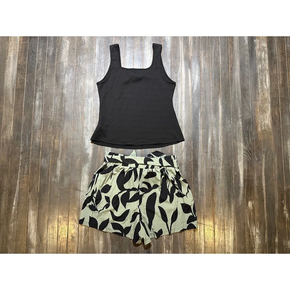 SHEIN 2 Piece Set Black Ribbed Tank Top and Green Leaf Print Paperbag Shorts
